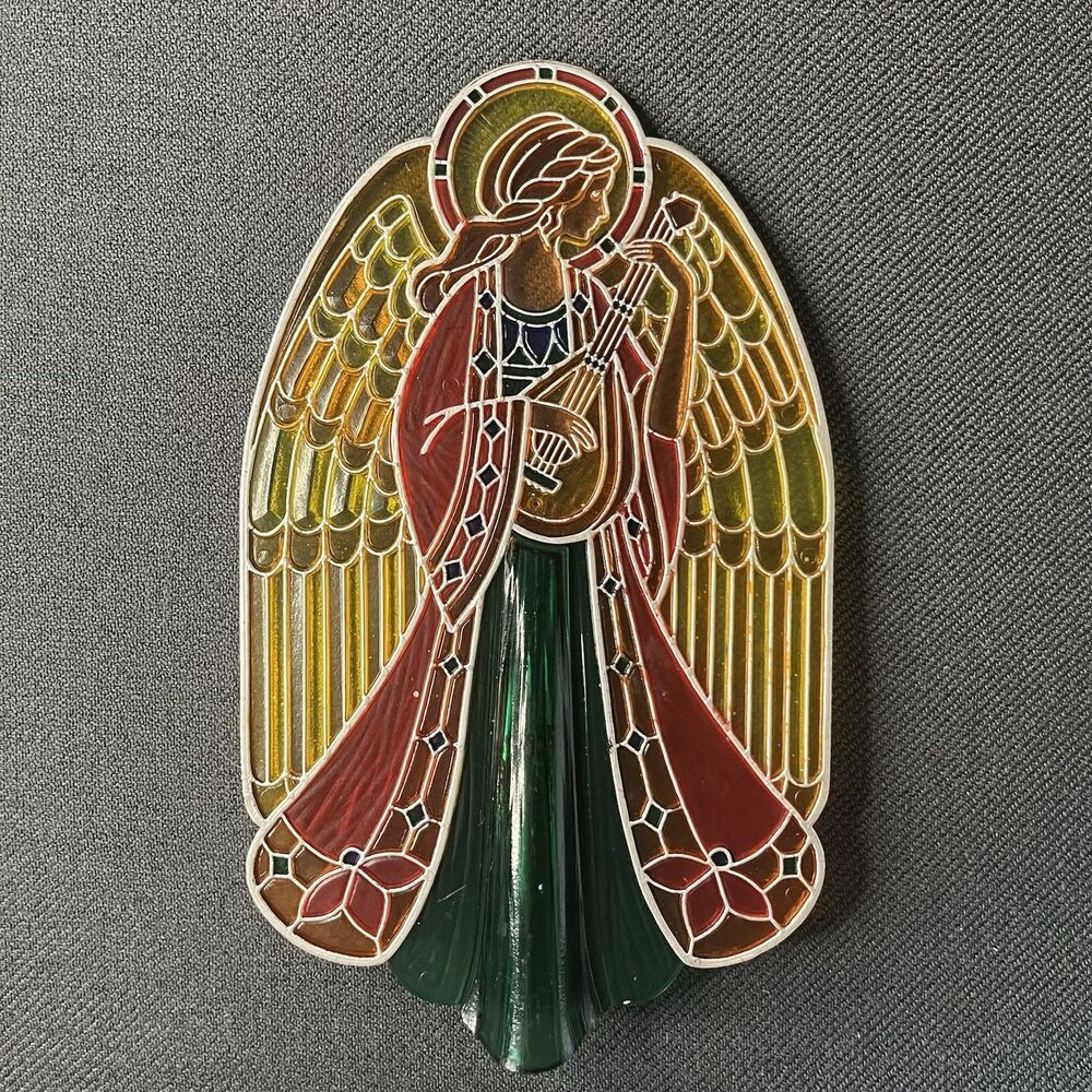 Vintage 1979 Hallmark Christmas Angel Tree Topper Faux Stained Glass Acrylic 8"